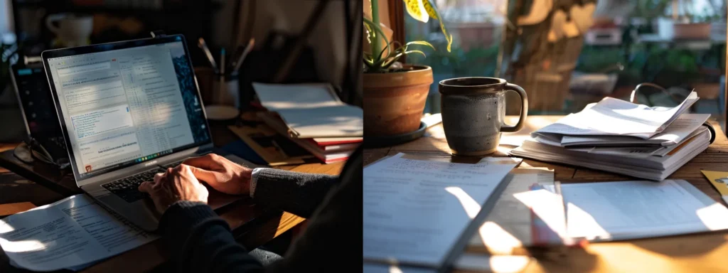 a person carefully comparing semrush and hubspot on a laptop screen, surrounded by a stack of papers and a mug of coffee.