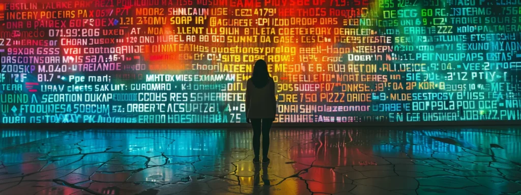 a person standing in front of a colorful wall covered in various keywords and phrases, symbolizing the importance of keyword research for seo.