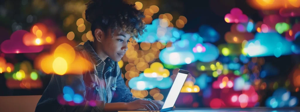 a person surrounded by colorful keyword clouds floating above their head, with a laptop showing search engine ranking results on the screen.