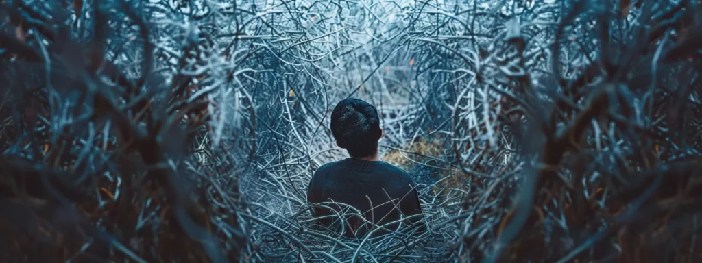 a person surrounded by tangled, thorny bushes symbolizing common keyword research mistakes in seo.