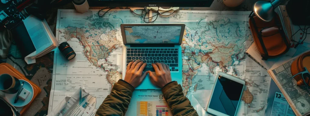 a person using a laptop to research local keywords while surrounded by maps, technology gadgets, and keyword analysis tools.