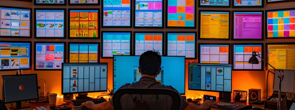 a researcher at a desk surrounded by computer screens displaying colorful keyword data, highlighting the competitive landscape and user intent analysis using advanced paid keyword research tools like semrush, ahrefs keywords explorer, moz keyword explorer, and spyfu.