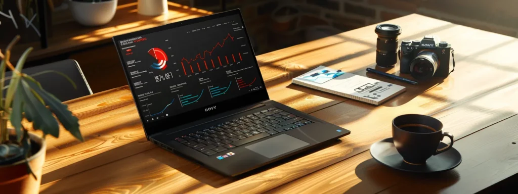 a sleek, modern laptop displaying a detailed seo report with colorful charts and graphs, surrounded by a cup of coffee and a notepad with key performance indicators written on it.