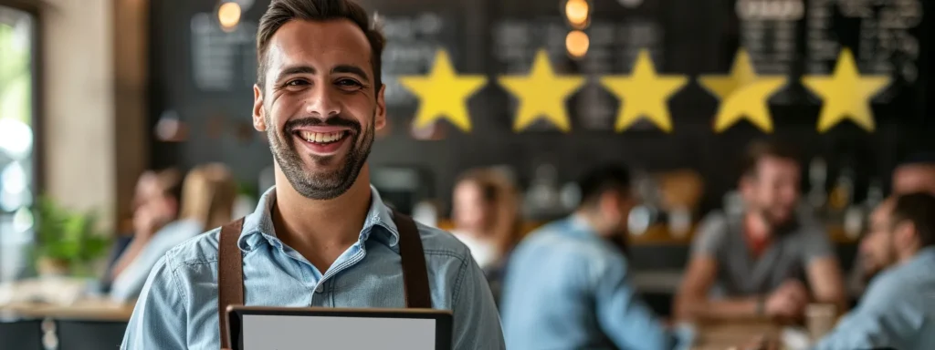 a smiling business owner holding a tablet displaying glowing five-star reviews, surrounded by happy customers in a bustling cafe setting.