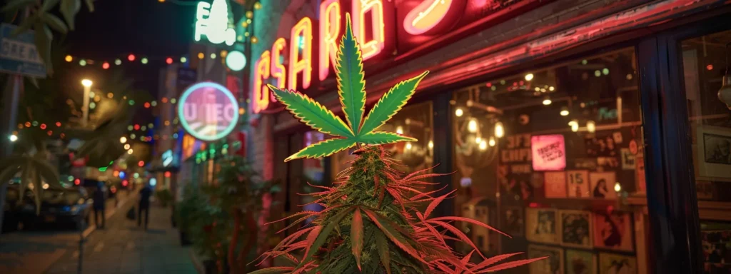 vibrant cannabis dispensary storefront with bustling foot traffic and prominent search engine optimization signage.