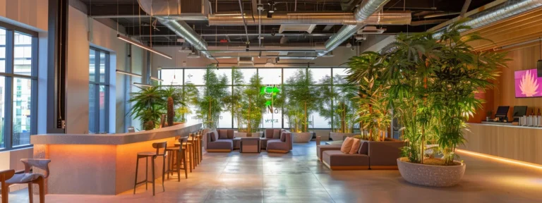 vibrant cannabis plants thriving under the expertise of seo professionals in a modern dispensary setting.