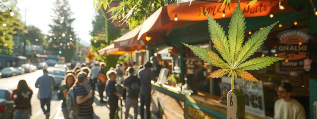 vibrant cannabis store sign with a crowd of local customers lining up outside on a sunny day.