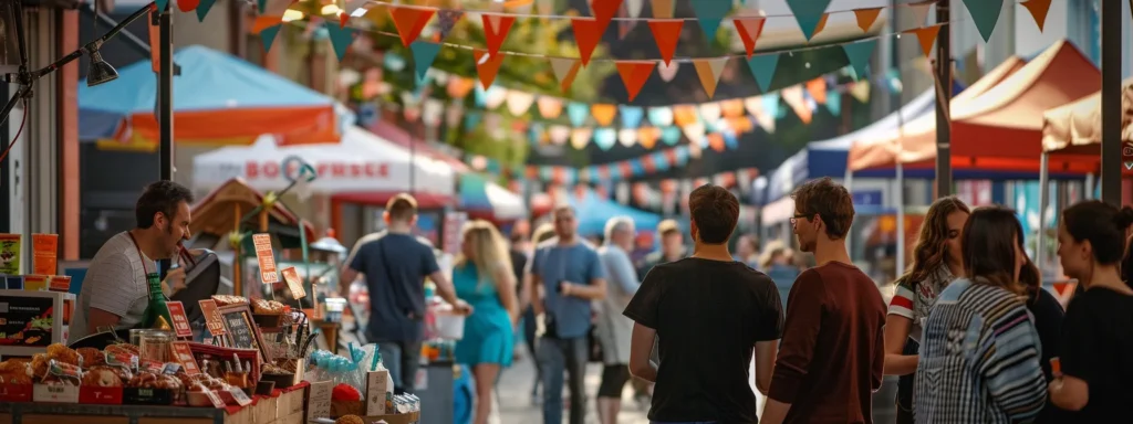 a vibrant local business showcasing their products at a community event, with colorful banners and customers engaging on social media platforms.