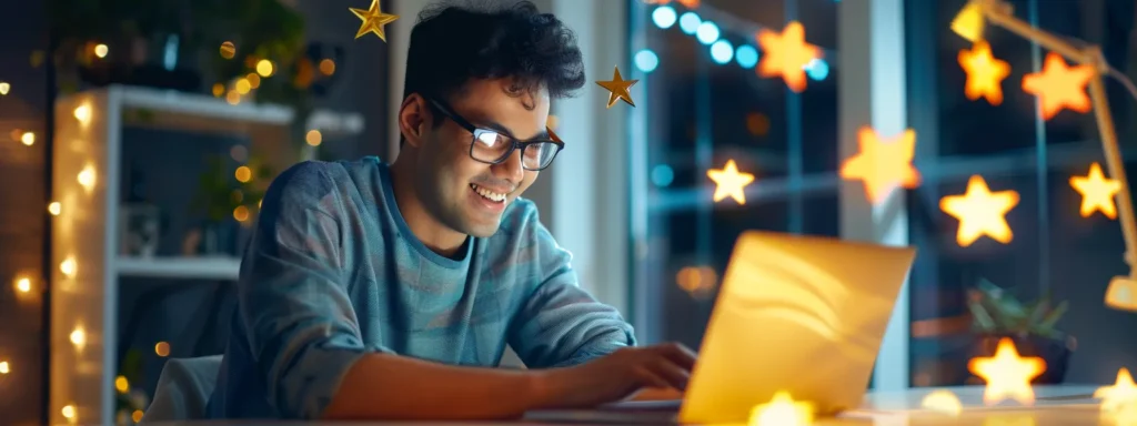 a business owner smiling as they read positive online reviews on a laptop, with glowing stars and thumbs-up emojis flying out of the screen.