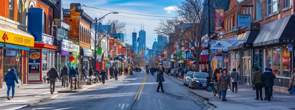 a bustling city street lined with vibrant local businesses, each showcasing their unique storefronts and signage to attract passersby, demonstrating the importance of local seo for connecting with the target audience effectively.