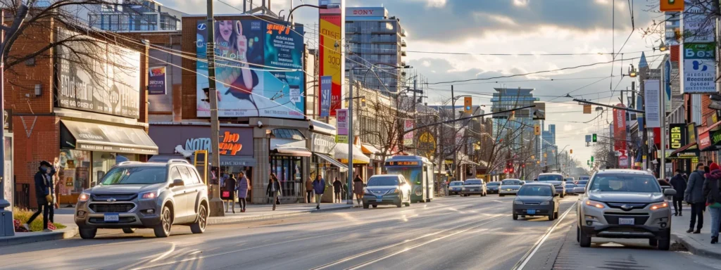 a bustling city street lined with vibrant, eye-catching billboards showcasing various local businesses, all strategically positioned to maximize visibility and attract passerby's attention.