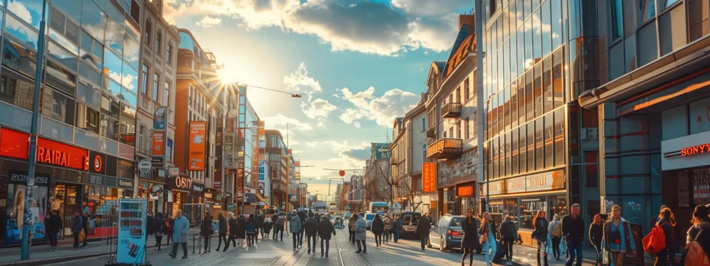 a bustling city street with bright, eye-catching billboards promoting local businesses, showcasing the impact of backspace marketing strategies on local seo visibility.