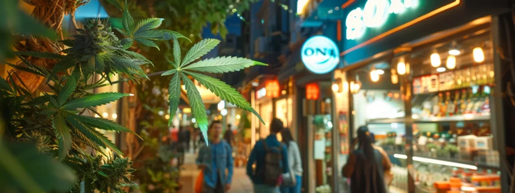 a bustling dispensary storefront adorned with vibrant cannabis-themed signage and a steady stream of customers walking in, showcasing the successful online presence achieved through specialized cannabis seo agency strategies.