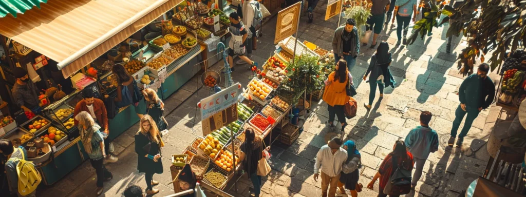 a bustling local market with vibrant banners and signs drawing in a diverse crowd of engaged customers.