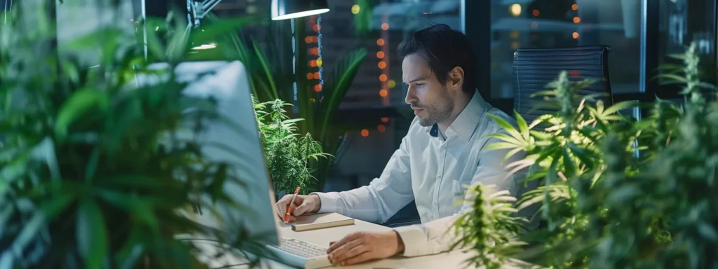 a cannabis seo expert analyzing data and strategy while surrounded by cannabis plants in a modern, sleek office setting.