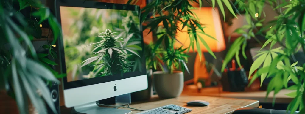 a computer screen displaying a dispensary website with a perfectly optimized title tag and meta description, surrounded by vibrant green plants, symbolizing growth and success.