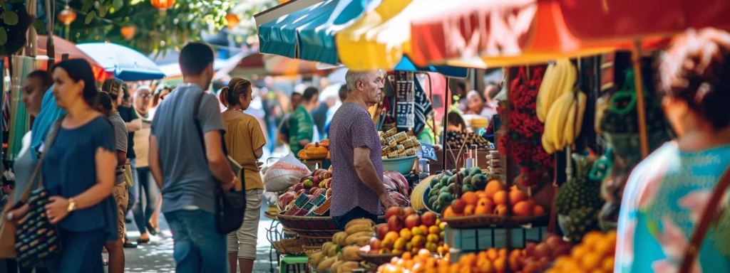 a diverse group of people gathered around a vibrant street market stall, engaging with colorful, local products and engaging content.