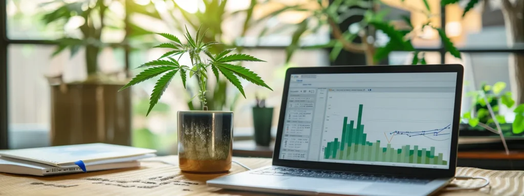 a modern office setting with a laptop open to a cannabis website showing high search engine rankings, charts displaying increased website traffic, and a plant in the background symbolizing growth and success in the industry.