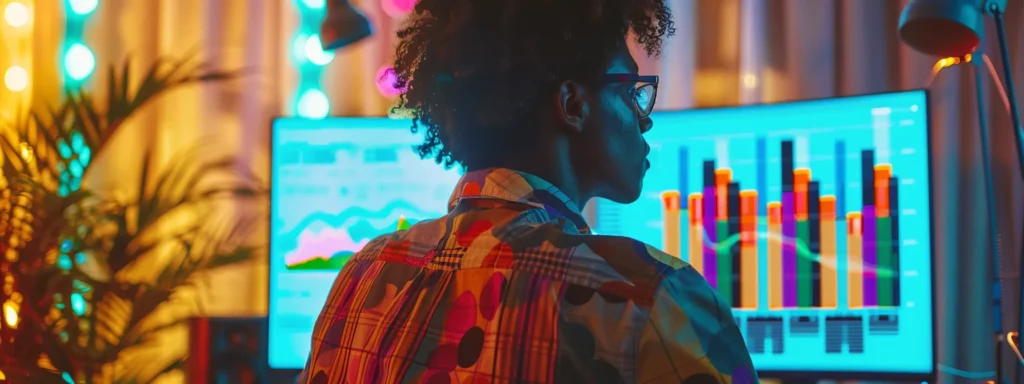 a person carefully analyzing colorful data charts and graphs on a computer screen with a serious expression, showcasing the meticulous analysis of key metrics for seo success in a dispensary.