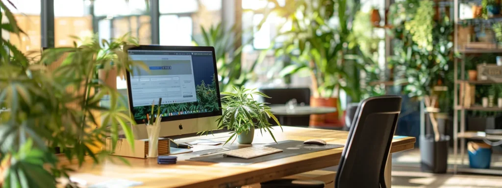 a photo of a bright, modern workspace with a computer screen displaying a cannabis dispensary website, surrounded by a diverse team of professionals deep in discussion, showcasing collaboration and expertise in cannabis seo.