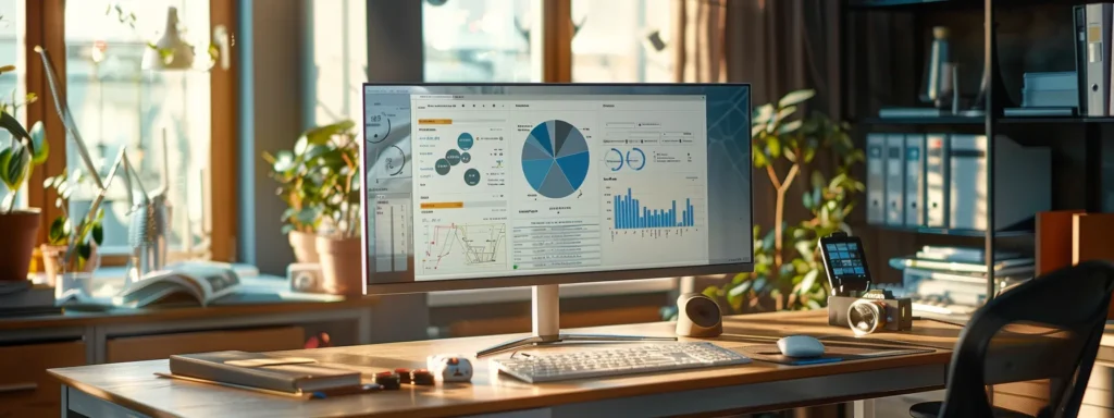 a sleek, modern office desk with a computer displaying local search analytics, surrounded by cutting-edge technology gadgets.