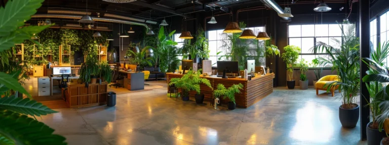 a vibrant and modern digital marketing agency office with cannabis-themed decor and a team of experts strategizing for dispensary success.