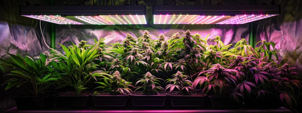 a vibrant cannabis plant thriving under a bright spotlight, surrounded by a team of focused experts strategizing and optimizing its growth.