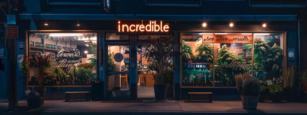 a vibrant cannabis store front with a prominent