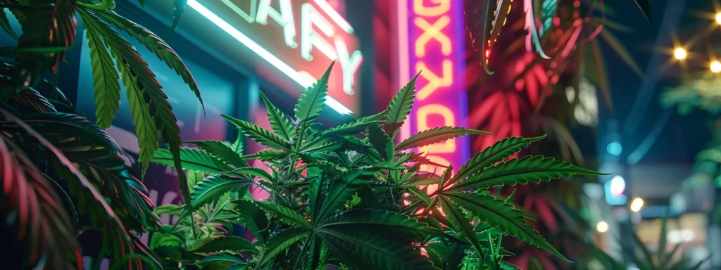 a vibrant dispensary storefront with colorful signage, surrounded by lush green plants and strategically placed keywords floating in the air.