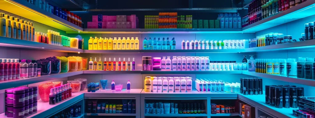 a vibrant display of colorful cannabis products on shelves with a bright spotlight illuminating the top-selling items.