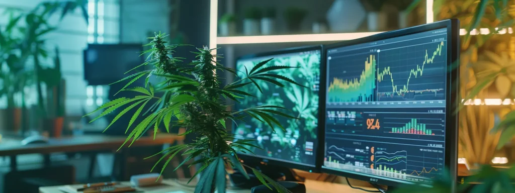 vibrant cannabis-themed graphics and charts displayed on a computer screen, surrounded by a modern office setting.