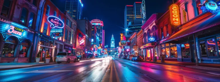 vibrant neon signs illuminating a bustling city street at night, capturing the essence of brand messaging in the age of seo.