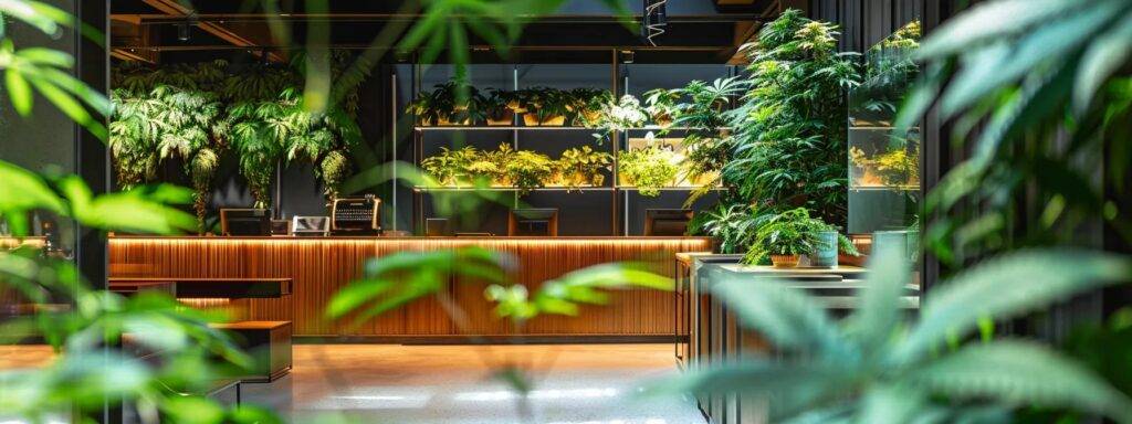 a lush cannabis dispensary filled with vibrant green plants under soft, warm lighting, showcasing an inviting and modern space designed for optimizing online visibility and customer engagement.