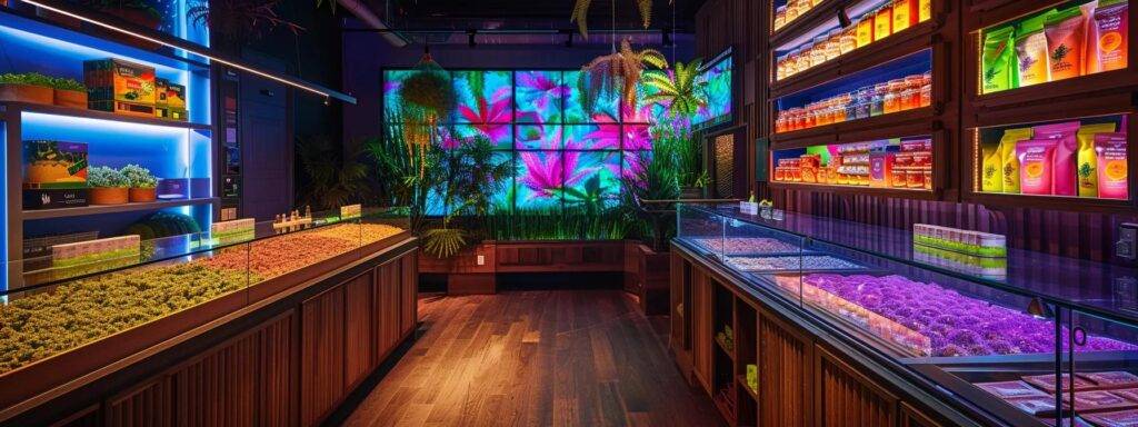 a vibrant dispensary illuminated by warm, inviting lights displays an array of colorful cannabis products, inviting customers with an atmosphere of wellness and community.