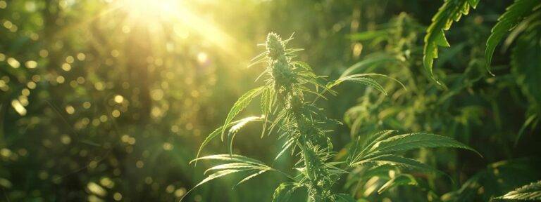 a vibrant green cannabis plant stands majestically in the foreground, bathed in warm sunlight, symbolizing growth and potential in the digital landscape of seo strategies.