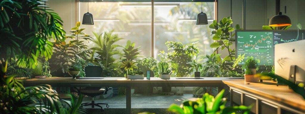 a vibrant, modern workspace filled with green plants and dynamic visual charts, illustrating a team of cannabis seo experts collaborating passionately to devise innovative marketing strategies for cannabis and cbd brands.