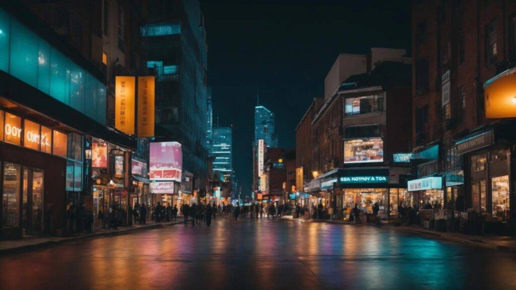 a vibrant cityscape at dusk, with illuminated storefronts radiating success, symbolizing the impact of local seo services on business growth.