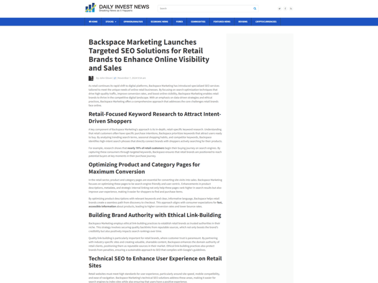 Backspace Marketing Launches Targeted SEO Solutions for Retail Brands to Enhance Online Visibility and Sales