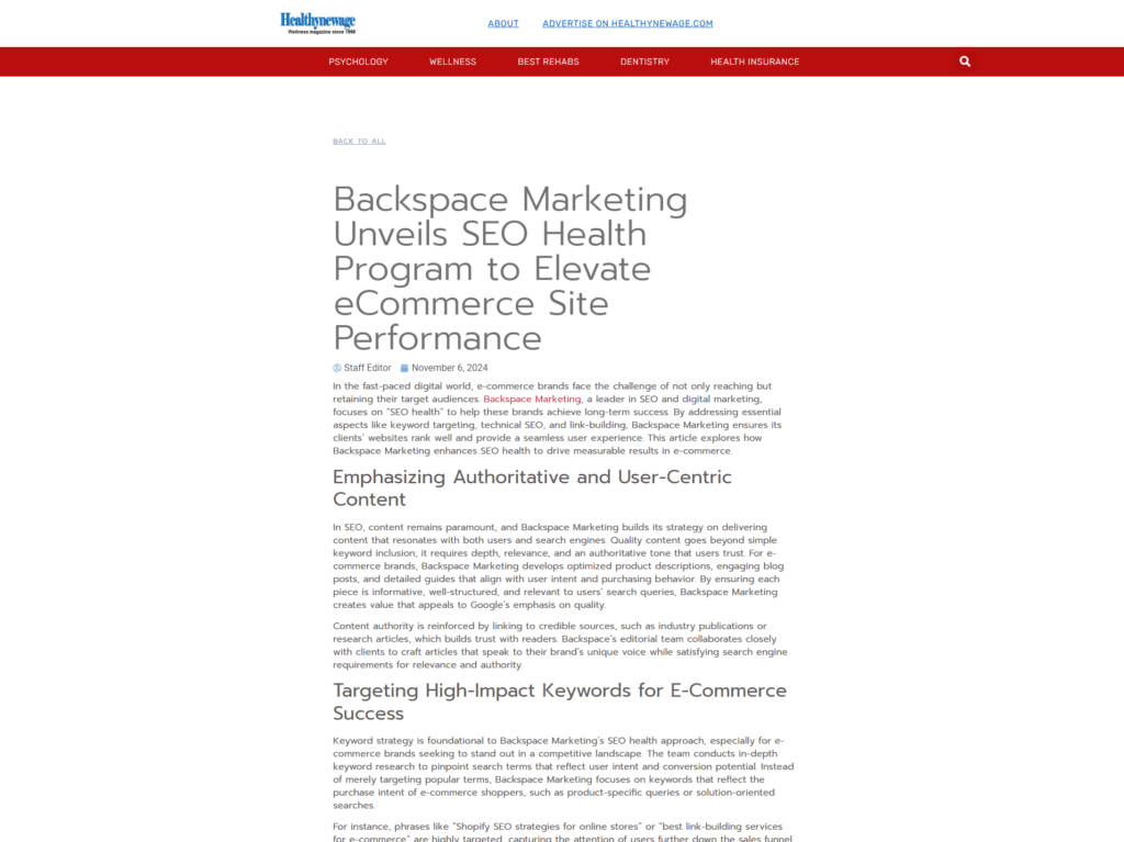 Backspace Marketing Unveils SEO Health Program to Elevate eCommerce Site Performance