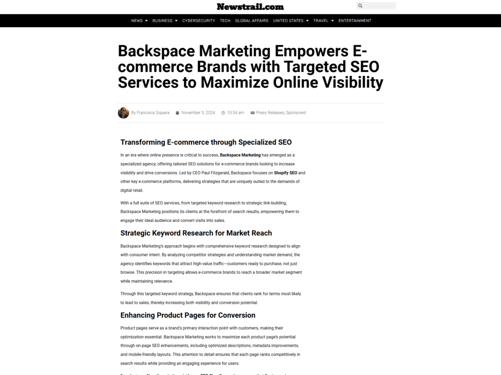 Backspace Marketing Empowers E-commerce Brands with Targeted SEO Services to Maximize Online Visibility