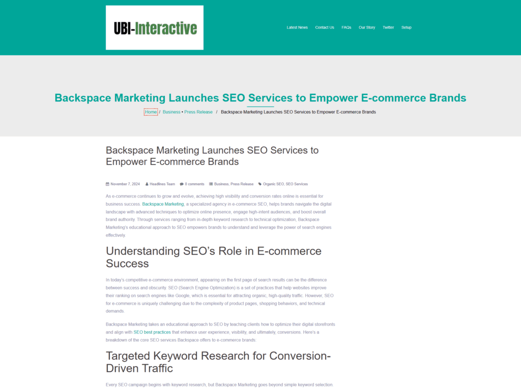 Backspace Marketing Launches SEO Services to Empower E-commerce Brands