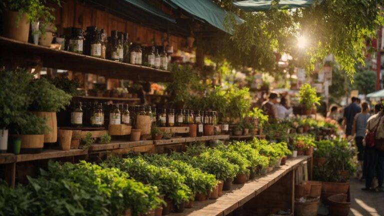 a vibrant and inviting cannabis marketplace scene showcases an array of high-quality cbd products, with lush greenery in the background symbolizing natural growth and abundance, illuminated by warm, golden sunlight.