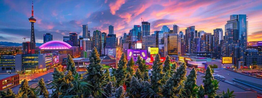 a futuristic city skyline glows under a twilight sky, with vibrant neon signs and high-tech digital displays promoting cannabis products, symbolizing the evolution of cannabis seo marketing in a dynamic marketplace.