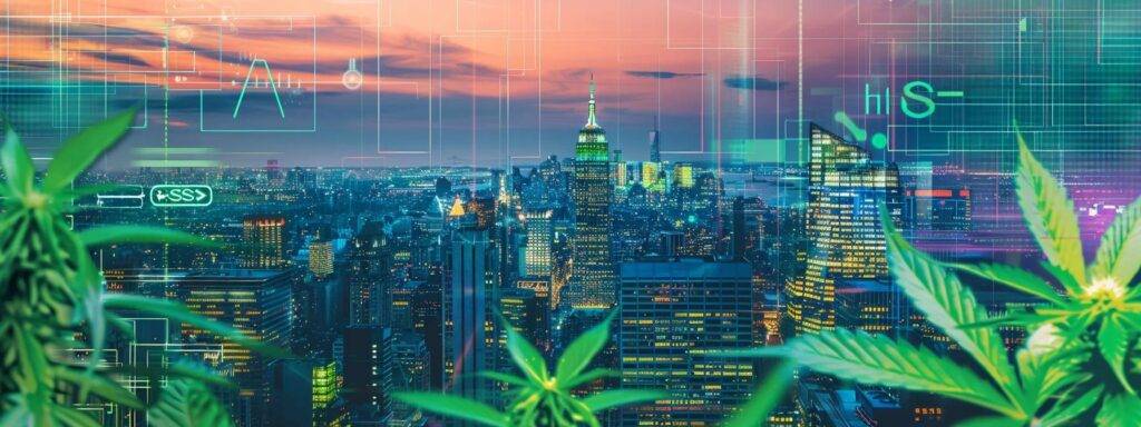 a futuristic city skyline illuminated by neon lights reflects the evolving landscape of cannabis seo, with vibrant digital screens displaying data trends and ai-driven insights, set against a twilight sky.