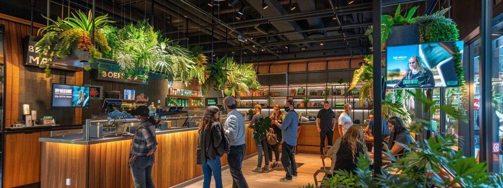 a vibrant, bustling cannabis dispensary filled with lively customers, showcasing striking displays of green foliage and inviting brand signage, illuminated by warm, ambient lighting that reflects a thriving industry.