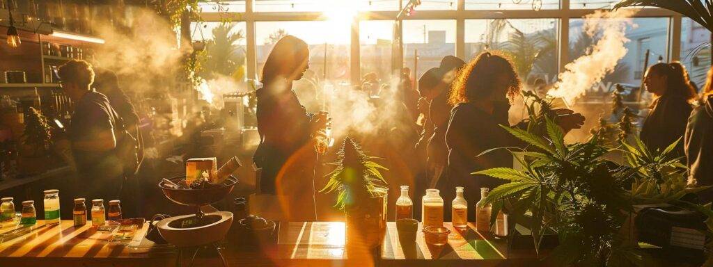 a vibrant, bustling cannabis marketplace filled with diverse customers eagerly exploring an array of products, illuminated by warm, inviting sunlight and showcasing prominently displayed brands that highlight increased online visibility and engagement.