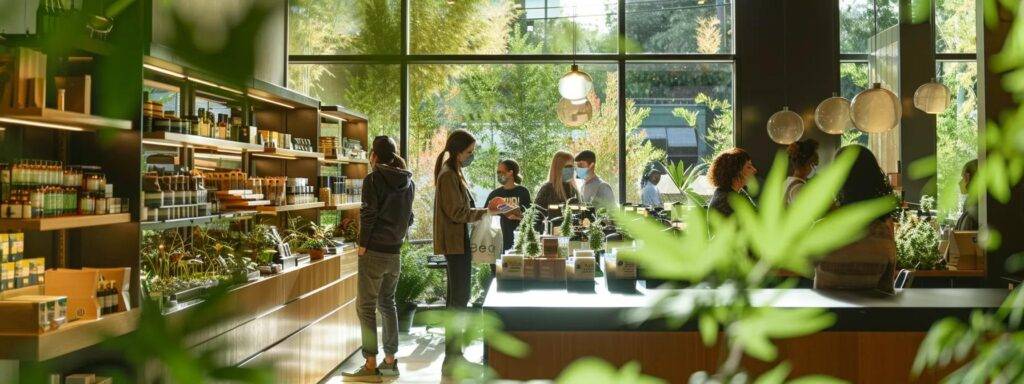 a vibrant, bustling cannabis retail environment, showcasing a diverse group of engaged customers browsing products, illuminated by natural light filtering through large windows, symbolizing the growth and success of seo strategies in the industry.