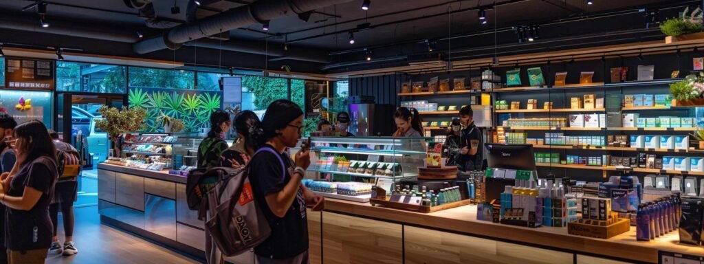 a vibrant cannabis dispensary bustling with eager customers, illuminated by soft, warm lighting, showcasing a rich array of colorful cannabis products and promotional materials, emphasizing the importance of local engagement and effective marketing strategies.