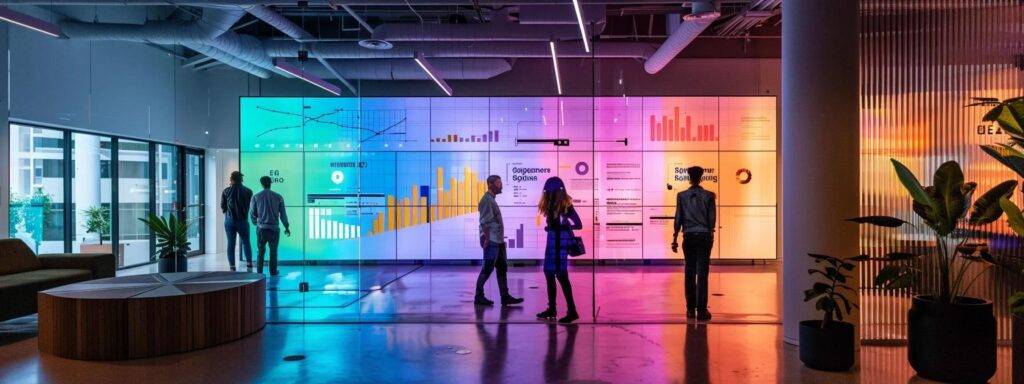 a vibrant cannabis marketing strategy session unfolds in a sleek, modern office, featuring a dynamic digital display showcasing analytics and seo metrics, illuminated by soft, ambient lighting that emphasizes a professional yet creative atmosphere.