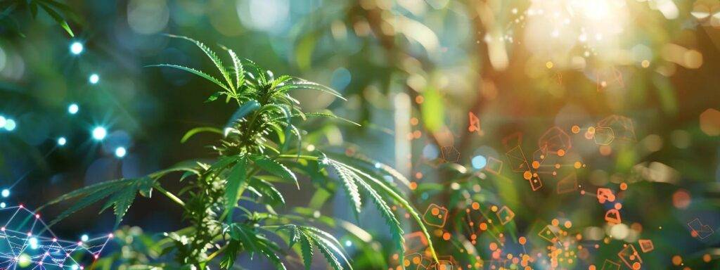 a vibrant cannabis plant thriving in natural sunlight, surrounded by analytical graphs and charts, symbolizing growth and visibility in the digital world.